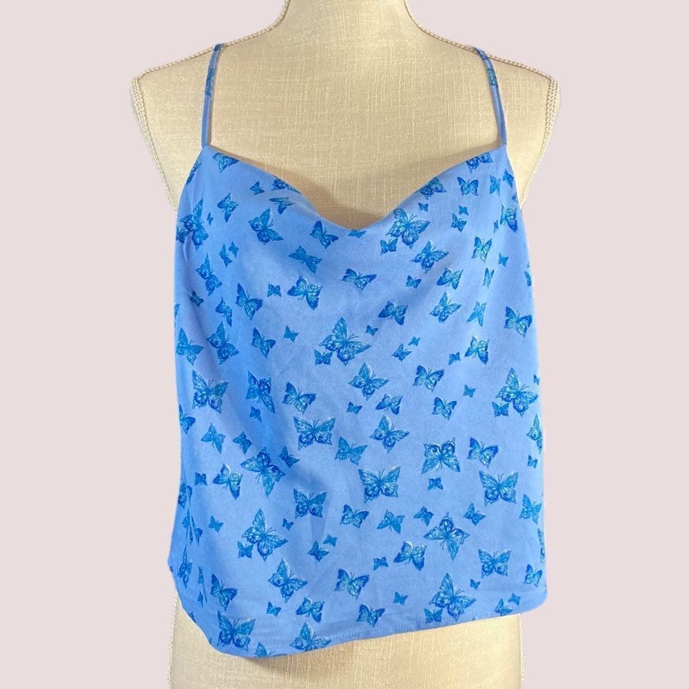 Y2K Crop Drape Front Blue Butterly Spaghetti Strap Cami